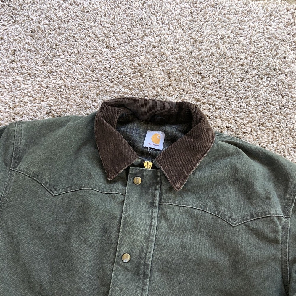 Carhartt Olive Green Canvas Barn Coat with Brown Corduroy Collar - Picture 2 of 12